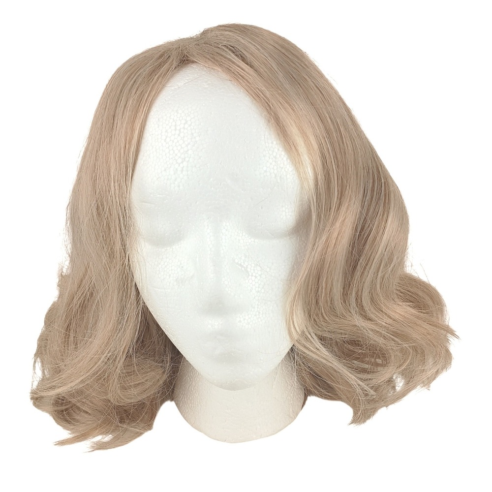 Womens Ash Blonde Wavy Shoulder Length Synthetic Wig with Wig Cap